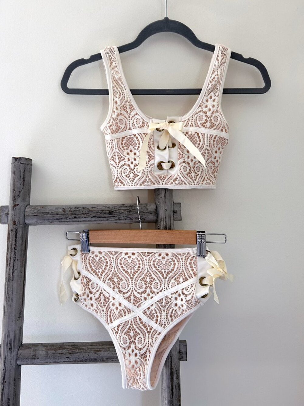 Beautiful White Ivory Lace Bikini - Grosgrain Laces and Mesh Underlay MSRP $78